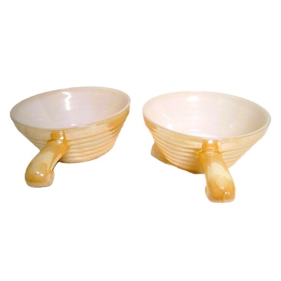Fire King Peach Luster Ovenware Ribbed Handled Soup Bowls Set of 2 Vintage 1970s - Picture 2 of 5
